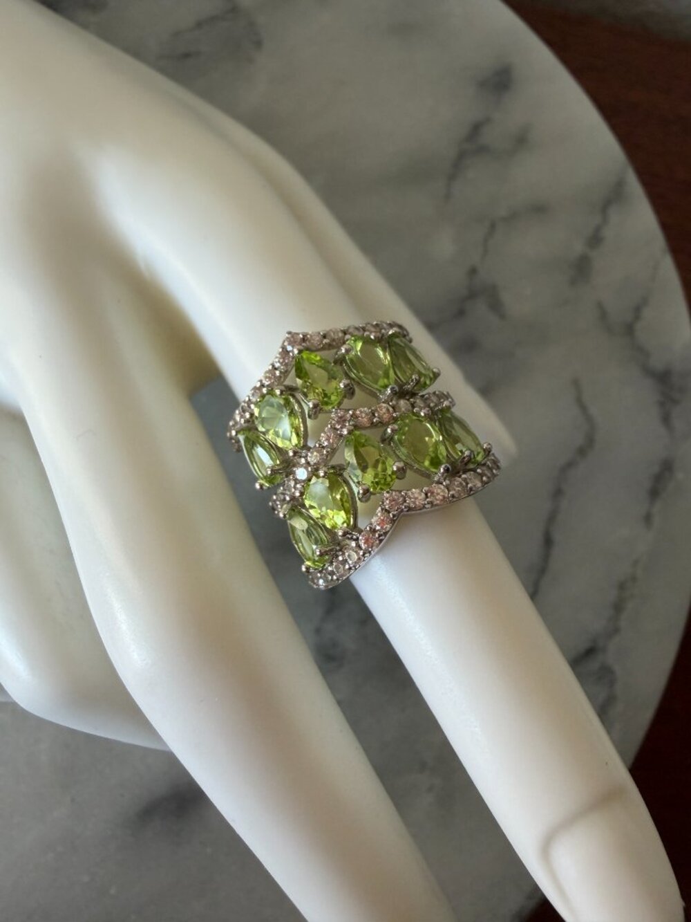 Sterling Silver Green Peridot & White Gemstone Boho Ring